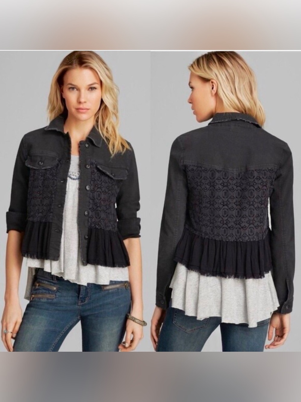 FREE PEOPLE DENIM JACKET LACE CROCHET PEPLUM FRILL FRAY HEM WASHED BLACK 8 MINT